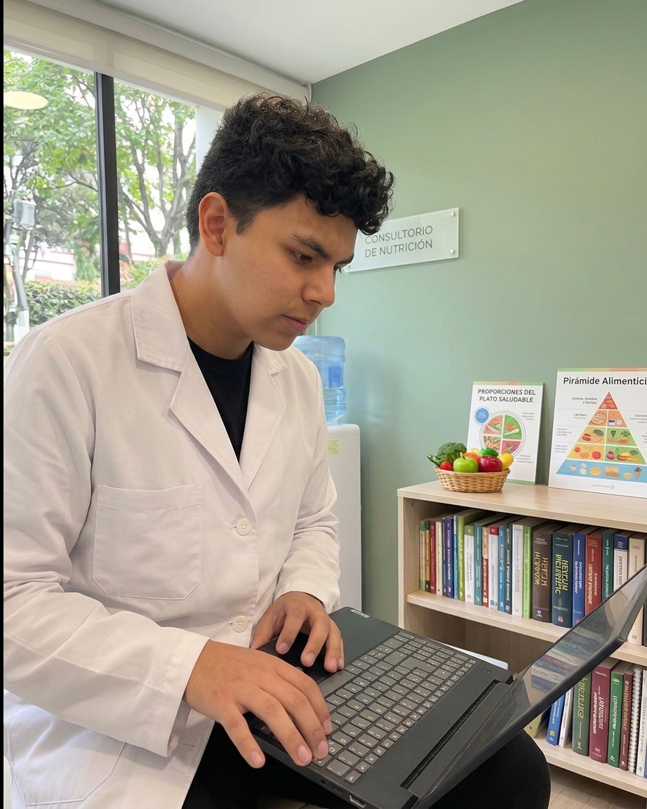 Lic. Eluard Segura trabajando en su consultorio de nutrición